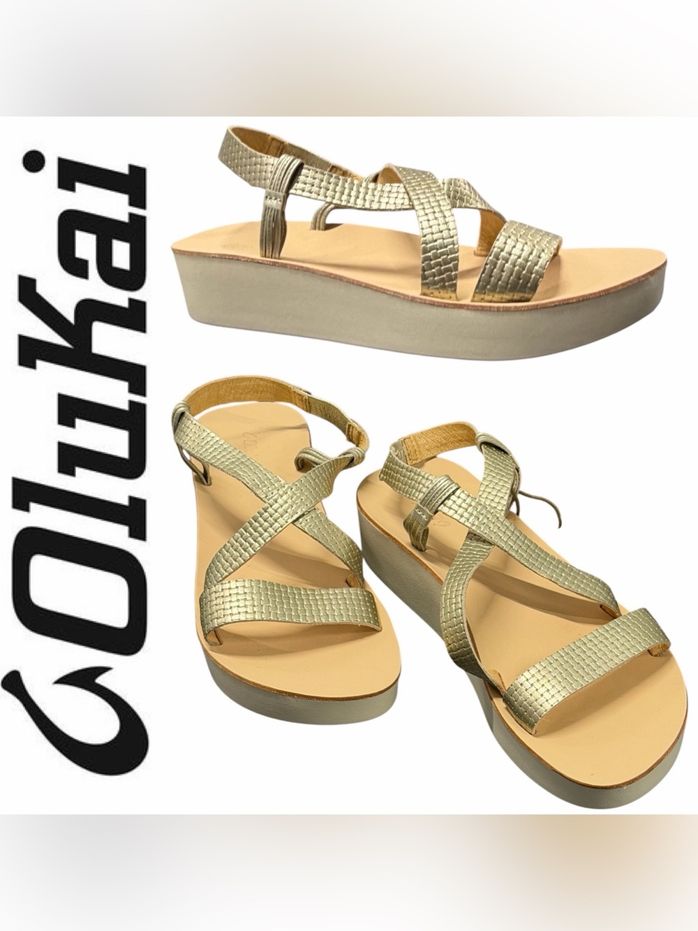 NWT OLUKAI Women's Onohi Strappy Platform Sandals Gold Metallic 9